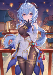 Rule 34 | 1girl, absurdres, ahoge, architecture, bare shoulders, bell, black gloves, blue hair, breasts, brown leotard, brown pantyhose, covered navel, cowbell, detached collar, detached sleeves, east asian architecture, floating hair, ganyu (genshin impact), genshin impact, gloves, goat horns, gold trim, groin, hand up, highres, hokori sakuni, horns, lantern, leotard, long hair, long sleeves, looking at viewer, low ponytail, medium breasts, night, outdoors, pantyhose, pelvic curtain, purple eyes, smile, solo, standing, very long hair, waist cape