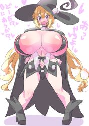 1girl akan_mori areola_slip black_bra black_cape black_footwear black_hat blonde_hair bra breasts cape character_request dot_nose fang female_focus full_body gigantic_breasts hat japanese_text long_hair looking_at_viewer purple_eyes skin_fang solo standing translation_request twintails underwear white_background witch witch_hat