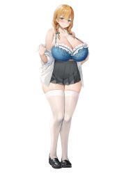 Rule 34 | 1girl, absurdres, bare shoulders, black footwear, blonde hair, blue bow, blue bra, blue eyes, blush, bow, bra, breasts, cleavage, closed mouth, full body, grey skirt, hair bow, hair ornament, highres, huge breasts, long sleeves, looking at viewer, medium hair, miniskirt, non-web source, oekakizuki, open clothes, open shirt, original, pleated skirt, school uniform, shirt, simple background, skirt, smile, solo, standing, thick thighs, thighhighs, thighs, twintails, underwear, white shirt, white thighhighs