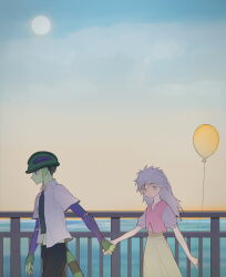 Rule 34 | 1boy, 1girl, balloon, black pants, blush, colored skin, contemporary, couple, cowboy shot, day, from side, green skin, grey hair, hetero, highres, hunter x hunter, jiooooo, komugi (hunter x hunter), long hair, looking at viewer, looking away, looking to the side, meruem, midriff, ocean, open clothes, open shirt, outdoors, pants, profile, railing, short sleeves, skirt, sky, striped tail, tail, vest