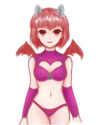 Rule 34 | 1990s (style), 1girl, arm warmers, bat wings, breasts, character request, cleavage, cleavage cutout, clothing cutout, crop top, drawfag, elaizy, halterneck, halterneck, heart, heart cutout, horns, lips, midriff, monster farm, navel, panties, fairy, pixie (monster farm), purple panties, red eyes, red hair, solo, thigh gap, thighs, underwear, wings