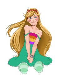 Rule 34 | 1girl, blonde hair, blue eyes, blush stickers, dress, green dress, heart, kyder, long hair, looking at viewer, rainbow, smile, solo, star butterfly, star vs the forces of evil, striped legwear, very long hair