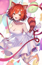 Rule 34 | 1girl, :d, absurdres, ahoge, animal ear fluff, animal ears, balloon, bare shoulders, blush, bow choker, breasts, choker, cleavage, collarbone, dress, elbow gloves, fang, gloves, hair ornament, hairclip, highres, jewelry, large breasts, looking at viewer, nijisanji, open mouth, orange eyes, petals, ratna petit, red hair, red panda ears, red panda tail, red ribbon, ribbon, shoes, short hair, smile, solo, sooon, standing, standing on one leg, strapless, strapless dress, tail, thighhighs, virtual youtuber, white choker, white dress, white gloves, wrist ribbon, x hair ornament