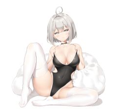Rule 34 | 1girl, absurdres, ahoge, ass, bare arms, bare shoulders, bean bag chair, black choker, black one-piece swimsuit, breasts, cameltoe, choker, cleavage, closed mouth, clothing cutout, collarbone, commission, competition swimsuit, covered navel, feet, grey eyes, grey hair, highleg, highleg swimsuit, highres, holding, keibeam, knee up, large breasts, no shoes, one-piece swimsuit, original, short hair, side-tie swimsuit, side cutout, simple background, skindentation, solo, spaghetti strap, swimsuit, thighhighs, thighs, wavy mouth, white background, white thighhighs