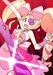 Rule 34 | 10s, 1girl, big hair, blonde hair, blue eyes, bow, dress, drill hair, earrings, eyepatch, foreshortening, hair bow, harime nui, jewelry, kill la kill, lens flare, life fiber, long hair, pink bow, red disappointment, scissor blade (kill la kill), smile, solo, thread, twin drills, twintails, wrist cuffs