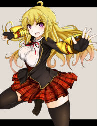 Rule 34 | 1girl, blonde hair, blush, breasts, female focus, fingerless gloves, gloves, long hair, naokideth, open mouth, purple eyes, rwby, school uniform, shoes, skirt, smile, solo, thighhighs, yang xiao long