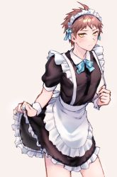 Rule 34 | 1boy, absurdres, alternate costume, amido (compassion273), apron, black dress, blush, bow, brown hair, closed mouth, commentary request, cowboy shot, crossdressing, danganronpa (series), danganronpa 2: goodbye despair, dress, enmaided, frilled dress, frills, highres, hinata hajime, looking at viewer, maid, maid headdress, male focus, puffy short sleeves, puffy sleeves, short hair, short sleeves, simple background, solo, spiked hair, standing, sweatdrop, waist apron, wrist cuffs, yellow eyes