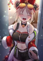 Rule 34 | 1girl, bare shoulders, blush, breasts, choker, closed eyes, commission, double bun, gas mask, girls&#039; frontline, hair bun, hand grab, large breasts, light brown hair, mask, navel, off shoulder, official alternate costume, open mouth, p90 (girls&#039; frontline), p90 (scarlet turbo) (girls&#039; frontline), pov, short hair, short shorts, shorts, skeb commission, skindentation, smile, solo focus, yaosera