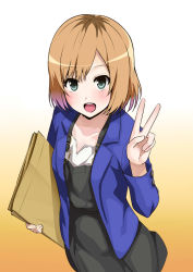 Rule 34 | 1girl, :d, blue jacket, blush, brown hair, collarbone, gradient background, green eyes, holding, huyumitsu, jacket, looking at viewer, miyamori aoi, multicolored hair, open clothes, open jacket, open mouth, overalls, roots (hair), shirobako, short hair, smile, solo, standing, v