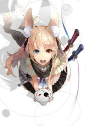 Rule 34 | 1girl, absurdres, animal ears, blonde hair, blue eyes, colored eyelashes, heterochromia, highres, long hair, nil, open mouth, original, rabbit ears, red eyes, revision, ribbon, scarf, simple background, skirt, solo, sword, weapon