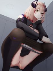 Rule 34 | 1girl, anus, azur lane, bathroom, black dress, black pantyhose, blonde hair, blush, breasts, ceiling, censored, cleavage, clothes pull, cross, detached sleeves, dress, from below, hair ornament, head rest, highres, large breasts, long sleeves, multicolored hair, oreon z, panties, panty pull, pantyhose, pantyhose pull, pee stain, peeing, pussy, red hair, roon (azur lane), short hair, sleeveless, sleeveless dress, smile, squat toilet, squatting, stained panties, streaked hair, toilet, toilet use, two-tone hair, underwear, wall, wet, wet clothes, wet panties, white panties, x hair ornament, yellow eyes
