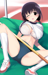 Rule 34 | 1girl, black hair, blush, bra, breasts, brown eyes, buruma, cleavage, gym uniform, hima, large breasts, lingerie, midriff, navel, one eye closed, open mouth, shoes, sneakers, socks, solo, twintails, underwear, wink