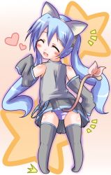 Rule 34 | animal ears, blue eyes, blush, cat ears, cat tail, chibi, detached sleeves, closed eyes, fang, guunome, hatsune miku, panties, pantyshot, skirt, solo, tail, thighhighs, twintails, underwear, vocaloid