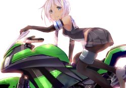 Rule 34 | 10s, 1girl, absurdres, armadillo-tokage, bare shoulders, black pantyhose, black skirt, blue eyes, braid, breasts, detached sleeves, elbow gloves, eyebrows, from side, gloves, hair between eyes, hair over shoulder, highres, kantai collection, kawasaki, long hair, looking at viewer, motor vehicle, motorcycle, on vehicle, pantyhose, parted lips, pleated skirt, school uniform, shirt, silver hair, simple background, single braid, skirt, sleeveless, sleeveless shirt, small breasts, solo, teeth, umikaze (kancolle), very long hair, white background