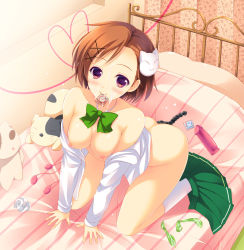 Rule 34 | 10s, 1girl, accel world, all fours, anal, anal beads, bad id, bad pixiv id, bed, blush, bow, bowtie, breasts, cat, cat hair ornament, condom, condom in mouth, condom wrapper, cum, egg vibrator, facial, from above, hair ornament, hairclip, happy, heart, kneeling, kurashima chiyuri, long legs, looking at viewer, mitsuki tsumi, mouth hold, nipples, no panties, open clothes, open shirt, orange hair, sex toy, shirt, short hair, sitting, skirt, smile, socks, solo, stuffed toy, tissue, unworn skirt, used condom, vibrator, white shirt, white socks