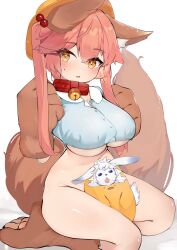 Rule 34 | 1girl, absurdres, animal ear fluff, animal ears, animal hands, bell, blush, bottomless, breasts, collar, fate/extra, fate/grand order, fate (series), fou (fate), fox ears, fox girl, fox tail, gloves, hair between eyes, hat, highres, jingle bell, large breasts, long hair, looking at viewer, neck bell, open mouth, paw gloves, paw shoes, pink hair, rottenweiler, sidelocks, sitting, tail, tamamo (fate), tamamo cat (fate), twintails, underboob, wariza, yellow eyes