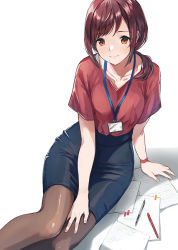 Rule 34 | 1girl, arm support, between legs, between thighs, black pantyhose, blouse, blue skirt, brown eyes, closed mouth, collarbone, doushimasho, fingernails, hand between legs, hand on own thigh, id card, lanyard, long hair, looking at viewer, mechanical pencil, mole, mole under mouth, office lady, original, pantyhose, paper, pen, pencil, pencil skirt, red hair, red shirt, shadow, shiny clothes, shirt, short sleeves, simple background, sitting, skirt, smile, solo, swept bangs, watch, white background, wristwatch