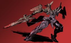 Rule 34 | arm blade, blood, bloody weapon, ef-2000 typhoon (muv-luv), highres, holding, holding sword, holding weapon, kawasemi alter, looking down, mecha, muv-luv, muv-luv alternative, no humans, red background, robot, science fiction, solo, sword, tactical surface fighter, weapon
