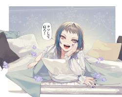 Rule 34 | 1boy, bad id, bad pixiv id, bed, black nails, blanket, blue flower, blue hair, blue nails, die (ohisashiburi), eyelashes, flower, grey hair, hand on own cheek, hand on own face, head rest, head tilt, highres, long hair, long sleeves, looking at viewer, lying, male focus, multicolored hair, multicolored nails, nail polish, hugging object, ohisashiburi, on stomach, open mouth, original, pajamas, pale skin, pillow, pillow hug, pink eyes, purple nails, sharp teeth, smile, snowflakes, solo, speech bubble, straight hair, talking, teeth, translated, trap, tsurime, two-tone hair, white pajamas