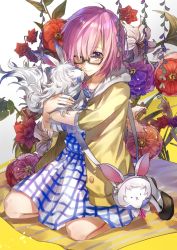 Rule 34 | 1girl, absurdres, bad id, bad pixiv id, bag, black-framed eyewear, blue dress, blush, character doll, closed mouth, dress, fate/grand order, fate (series), flats, floral background, flower, fou (fate), full body, glasses, hair over one eye, highres, hood, hoodie, kneeling, lily (flower), looking at viewer, mash kyrielight, mash kyrielight (senpai killer outfit), official alternate costume, open clothes, open hoodie, plaid, plaid dress, purple eyes, purple hair, red flower, satchel, short hair, shoulder bag, sitting, smile, solo, tsugutoku