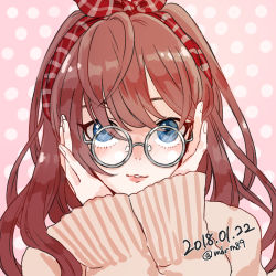 Rule 34 | 1girl, artist name, blue eyes, bow, brown hair, dated, grey-framed eyewear, hair bow, hands on own face, highres, idolmaster, idolmaster cinderella girls, long hair, long sleeves, looking at viewer, madarame (mdrm89), one-hour drawing challenge, pink background, plaid, plaid bow, polka dot, polka dot background, red bow, round eyewear, simple background, solo, sweater, twitter username, white polka dots