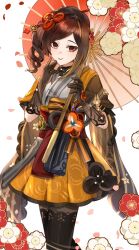 Rule 34 | 1girl, black gloves, black pantyhose, brown eyes, brown hair, chiori (genshin impact), cowboy shot, drill hair, genshin impact, gloves, grey kimono, grin, gyoju (only arme nim), highres, holding, holding umbrella, japanese clothes, kimono, long hair, looking at viewer, pantyhose, parted lips, pleated skirt, short sleeves, side ponytail, skirt, smile, solo, standing, umbrella, yellow skirt