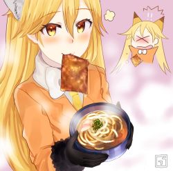 Rule 34 | 10s, 1girl, :3, ancolatte (onikuanco), animal ears, blonde hair, blush, bowl, chibi, chibi inset, closed mouth, ezo red fox (kemono friends), food, fox ears, holding, holding bowl, kamaboko, kemono friends, long hair, looking at viewer, mouth hold, necktie, noodles, smile, solo, soup, udon, yellow necktie