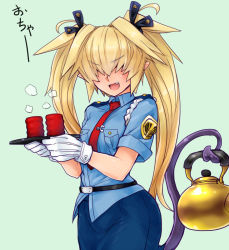 Rule 34 | 1girl, :d, antenna hair, blonde hair, blue background, blue shirt, blue skirt, blush, breast pocket, collared shirt, covered eyes, cowboy shot, cup, demon tail, facing viewer, fang, hair over eyes, long hair, necktie, open mouth, original, pocket, pointy ears, police, police uniform, policewoman, prehensile tail, red necktie, shirt, simple background, skirt, skj, smile, solo, standing, tail, teacup, teapot, tray, twintails, uniform, wing collar