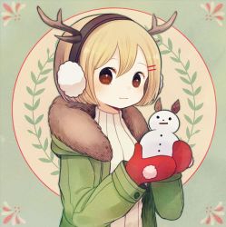 Rule 34 | 1girl, antlers, ayu (mog), bad id, bad pixiv id, blush, earmuffs, hair ornament, hairband, horns, looking at viewer, mittens, original, red mittens, short hair, snowman, solo, winter
