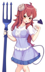 Rule 34 | 1girl, :d, absurdres, ahoge, ao (flowerclasse), blush, breasts, brown eyes, brown hair, center frills, commentary request, curled horns, demon girl, demon horns, demon tail, dress, feet out of frame, fork, frilled dress, frills, highres, holding, holding fork, horns, knees together feet apart, long hair, looking at viewer, machikado mazoku, medium breasts, open mouth, oversized object, puffy short sleeves, puffy sleeves, purple dress, shirt, short sleeves, simple background, sleeveless, sleeveless dress, smile, solo, tail, very long hair, white background, white shirt, yoshida yuuko (machikado mazoku)