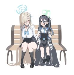 Rule 34 | 0-toki, 2girls, :d, ^ ^, absurdly long hair, aris (blue archive), asuna (blue archive), bench, black choker, black footwear, black hair, black skirt, black socks, blue archive, blue bow, blue bowtie, blue eyes, blue necktie, blue ribbon, blush, bow, bowtie, breasts, button gap, choker, closed eyes, collared shirt, full body, grin, hair between eyes, hair over one eye, hair ribbon, halo, handheld game console, happy, highres, holding, holding handheld game console, jacket, kneehighs, knees together feet apart, large breasts, light brown hair, loafers, long bangs, long hair, looking at another, multicolored clothes, multicolored jacket, multiple girls, necktie, on bench, one eye covered, one side up, open clothes, open jacket, open mouth, pleated skirt, ribbon, school uniform, shirt, shirt tucked in, shoes, simple background, sitting, skirt, sleeves rolled up, smile, socks, thighs, two-tone jacket, very long hair, white background, white jacket, white shirt