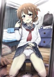 Rule 34 | 1boy, absurdres, bed, black socks, blue skirt, bow, bow panties, brown eyes, brown hair, bulge, cellphone, clothes lift, cosplay, crossdressing, crotch seam, folded ponytail, highres, holding, holding phone, inazuma (kancolle), inazuma (kancolle) (cosplay), indoors, kantai collection, lifting own clothes, long hair, long sleeves, mars symbol, miniskirt, mirror, neckerchief, panties, phone, pleated skirt, red neckerchief, reflection, school uniform, selfie, senchimee, serafuku, sidelocks, skirt, skirt lift, smartphone, socks, solo, trap, underwear, white panties