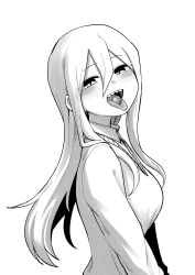 Rule 34 | 1girl, blazer, blush, breasts, candy, collared shirt, food, greyscale, grin, hair between eyes, highres, jacket, large breasts, long hair, looking at viewer, monochrome, open mouth, original, school uniform, sharp teeth, shiromanta, shirt, sidelocks, simple background, slit pupils, smile, solo, teeth, tongue, tongue out, white background