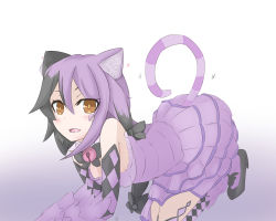Rule 34 | 1girl, absurdres, aged down, all fours, animal ears, animal hands, argyle, bare shoulders, bell, black hair, bow, bowtie, brown eyes, cat ears, cat tail, cheshire cat (monster girl encyclopedia), child, crawling, dress, gradient background, hair bow, highres, jingle bell, long hair, looking at viewer, monster girl, monster girl encyclopedia, multicolored hair, open mouth, purple dress, purple hair, solo, striped, striped tail, tail, two-tone hair