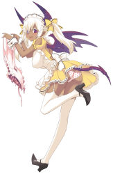 Rule 34 | 1girl, amano yuu, apron, ass, blush, dark-skinned female, dark skin, demon girl, garter straps, highres, horns, living clothes, maid, maid apron, maid headdress, open mouth, original, panties, pointy ears, purple eyes, purple hair, simple background, smile, solo, swimsuit, tail, thighhighs, twintails, underwear, white hair, white thighhighs, wings