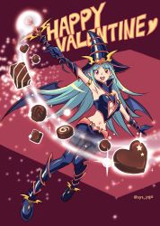 Rule 34 | 1girl, :d, arm up, armpits, artist name, black hat, boots, breasts, cake, chocolate, chocolate magician girl, clothing cutout, commentary, floating hair, food, gloves, green hair, happy valentine, hat, heart, highres, holding, holding wand, knees together feet apart, long hair, navel, open mouth, smile, solo, soya (sys ygo), sparkle, swiss roll, teeth, tongue, underboob cutout, wand, watermark, wizard hat, yu-gi-oh!