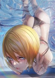 Rule 34 | 1girl, :p, animal print, ass, bad id, bad twitter id, bikini, blonde hair, blue eyes, butt crack, dripping, duplicate, feet out of frame, foreshortening, from above, highres, looking at viewer, nanaken nana, original, partially submerged, pixel-perfect duplicate, pool, poolside, revision, short hair, solo, swimsuit, thighs, tongue, tongue out, v, water, wet