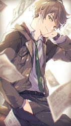 Rule 34 | 1boy, banknote, belt, brown hair, closed mouth, collared shirt, commentary request, cowboy shot, fugou keiji balance:unlimited, green necktie, hand in pocket, hand on own face, highres, jacket, katou haru, kuuu ilst, long sleeves, looking at viewer, male focus, money, necktie, open clothes, open jacket, shirt, short hair, solo, watch, white shirt, wristwatch, yellow eyes