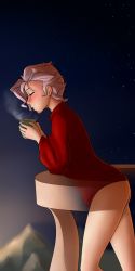 Rule 34 | 10s, 1girl, absurdres, ass, bottomless, croix meridies, cup, highres, little witch academia, night, night sky, no panties, pudgeruffian, short hair, sky, solo, star (sky), star (symbol), sweater, white hair