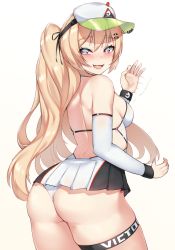 Rule 34 | 1girl, ass, azur lane, bache (azur lane), bache (showy sports star) (azur lane), back, bare shoulders, blonde hair, blush, breasts, detached sleeves, hair between eyes, hair ornament, highres, kuavera, long hair, looking at viewer, looking back, open mouth, panties, purple eyes, simple background, small breasts, smile, solo, sportswear, star-shaped pupils, star (symbol), symbol-shaped pupils, tennis dress, tennis uniform, thigh strap, thighhighs, thighs, twintails, underwear, very long hair, visor cap, white background, white panties