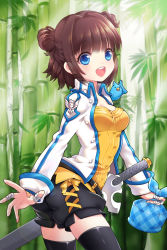 Rule 34 | 1girl, :d, animal, animal on shoulder, bamboo, bamboo forest, bandages, bird, bird on shoulder, bittersweet (dalcoms), black thighhighs, blue eyes, blush, breasts, brown hair, cygnus (sword girls), double bun, forest, hair bun, looking at viewer, nature, new knight, open mouth, shorts, smile, solo, sword, sword girls, thighhighs, weapon