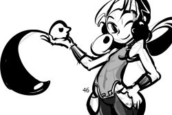 Rule 34 | 1girl, ;d, animal, bad id, bad pixiv id, bare shoulders, beak, bird, cowboy shot, eccma417, feng (skullgirls), greyscale, hand on own hip, holding, in palm, monochrome, one eye closed, open mouth, page number, shirt, simple background, skullgirls, sleeveless, sleeveless shirt, smile, solo, standing, tank top, white background