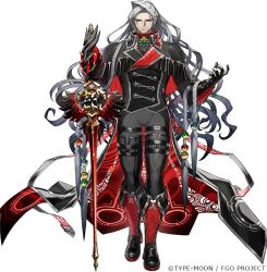 Rule 34 | 1boy, alessandro cagliostro (fate), beard, black bodysuit, bodysuit, braid, facial hair, fate/grand order, fate (series), green eyes, grey hair, heterochromia, long hair, looking at viewer, official art, red eyes, red footwear, routo, solo, sword, weapon