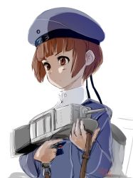 Rule 34 | &gt;:(, 10s, 1girl, 2016, 4suke, anti-aircraft, anti-aircraft gun, artist name, blue hat, closed mouth, clothes writing, dated, frown, hat, holding, kantai collection, long sleeves, sailor collar, sailor hat, short hair, simple background, solo, trigger discipline, turret, v-shaped eyebrows, white background, z3 max schultz (kancolle)