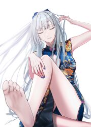 Rule 34 | 1girl, absurdres, ak-12 (girls&#039; frontline), alternate costume, artist name, bare legs, barefoot, blue dress, blue nails, breasts, china dress, chinese clothes, cleavage cutout, closed eyes, clothing cutout, commentary, dress, feet, foot focus, foot out of frame, foot up, foreshortening, gincho, girls&#039; frontline, highres, legs, long hair, medium breasts, nail polish, parted lips, sidelocks, signature, simple background, sitting, sleeveless, sleeveless dress, smile, soles, solo, toes, white background, white hair