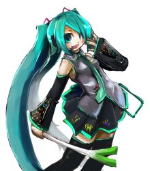 Rule 34 | 1girl, :3, aqua hair, aqua necktie, black thighhighs, boots, detached sleeves, green nails, hatsune miku, long hair, luft, nail polish, necktie, open mouth, simple background, skirt, solo, spring onion, thighhighs, twintails, very long hair, vocaloid