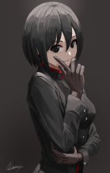 Rule 34 | 1girl, absurdres, androgynous, artist name, black background, black eyes, black gloves, black hair, black jacket, bob cut, breasts, commentary, eyelashes, gakuran, gloves, hair between eyes, hand on own arm, hand on own face, highres, index finger raised, jacket, lips, long sleeves, looking at viewer, monogatari (series), naoetsu high school uniform, nemo ringo, oshino ougi, parted lips, red jacket, romaji commentary, school uniform, short hair, signature, simple background, small breasts, smile, solo, upper body