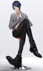 Rule 34 | 10s, 1boy, blue eyes, blue hair, chair, finger to own chin, grey background, kitagawa yuusuke, looking at viewer, male focus, persona, persona 5, reckless dog, shoes, short hair, simple background