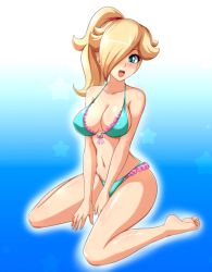Rule 34 | 1girl, barefoot, bikini, blonde hair, blue background, blue bikini, blue eyes, blush, bow, breasts, cleavage, collarbone, gradient background, hair over one eye, hands between legs, kneeling, large breasts, long hair, looking at viewer, mario (series), midriff, navel, nintendo, open mouth, ponytail, princess, rosalina, sigurd hosenfeld, smile, star (symbol), starry background, super mario galaxy, swimsuit, two-tone background, white background