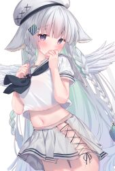 Rule 34 | 1girl, animal ears, black neckerchief, blush, braid, covered mouth, covering own mouth, cowboy shot, ears down, eip (pepai), feathered wings, grey skirt, hair ornament, hands up, hat, highres, long hair, looking at viewer, midriff, mole, mole under eye, navel, neckerchief, original, pleated skirt, school uniform, serafuku, simple background, skirt, solo, twin braids, white background, white serafuku, wings